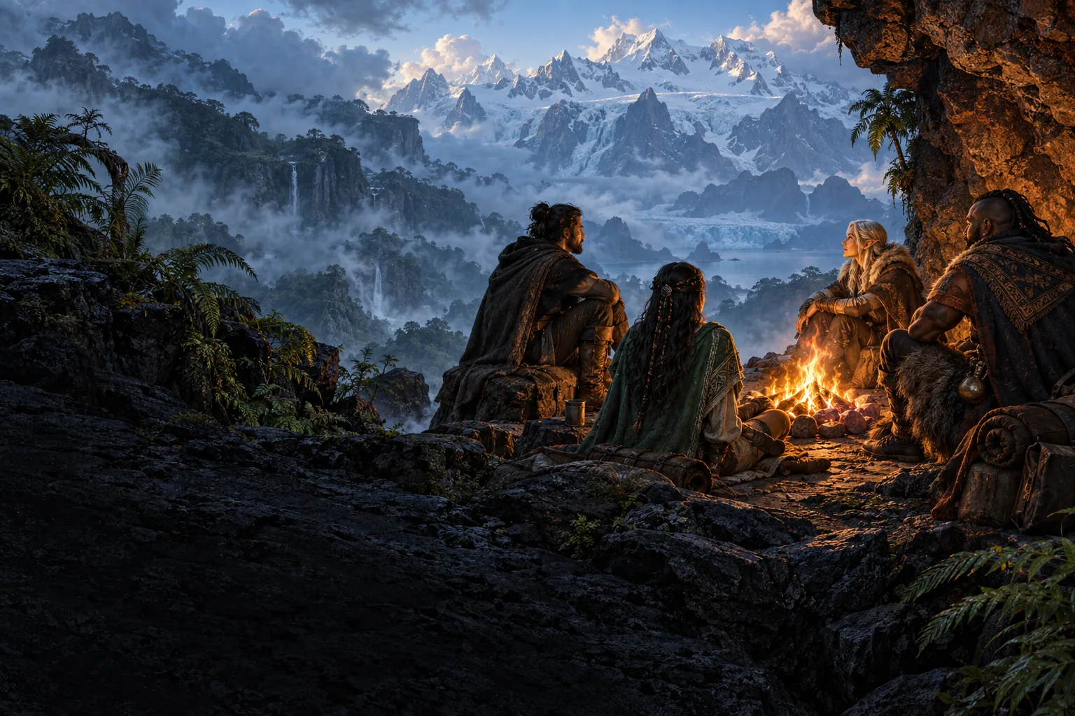 Ilustración original de aventureros reunidos alrededor de una fogata