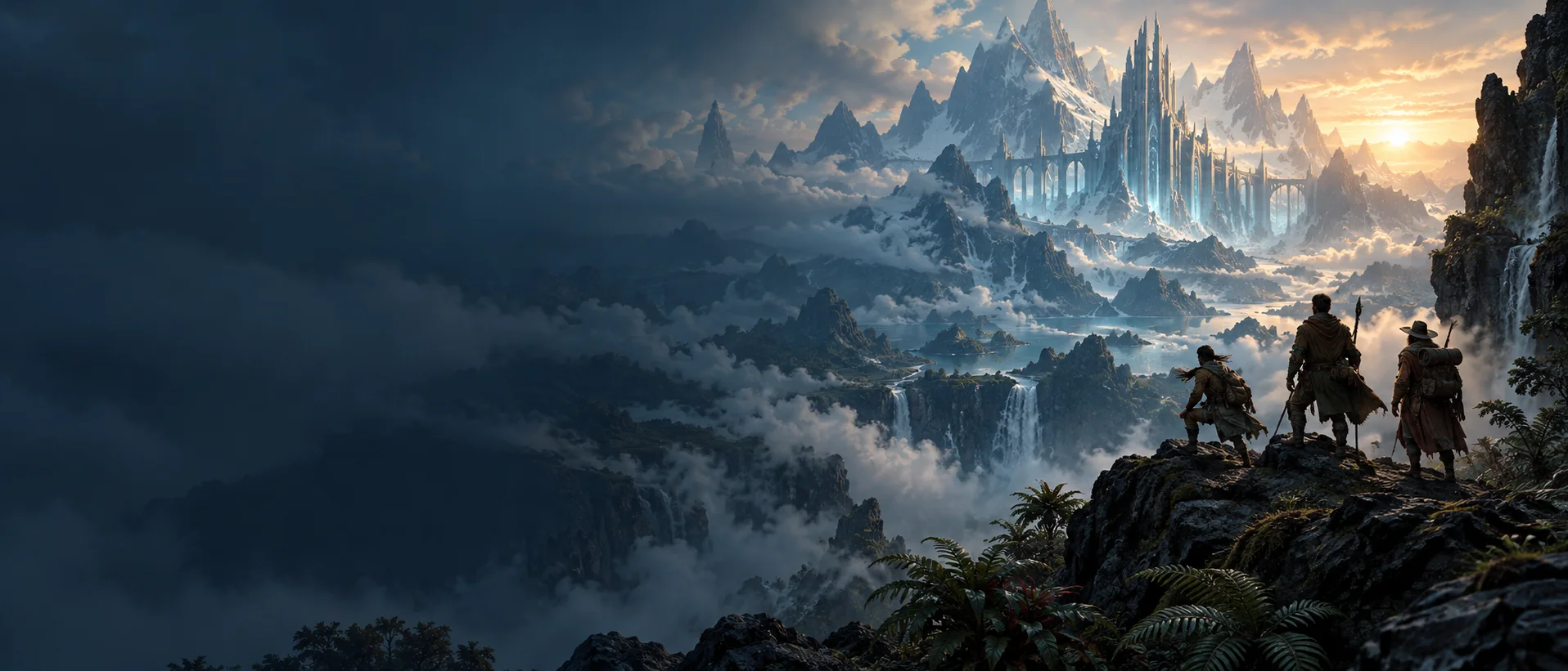Ilustración original: una expedición contempla una ciudad entre montañas glaciares.