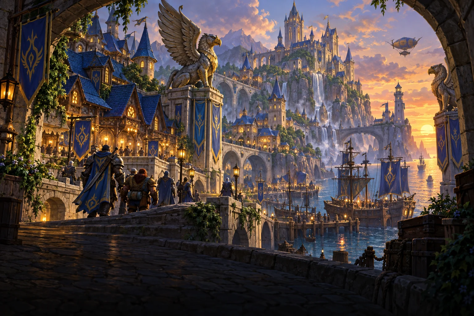Arte original: una ciudad de fantasía recibe aventureros en su puerto